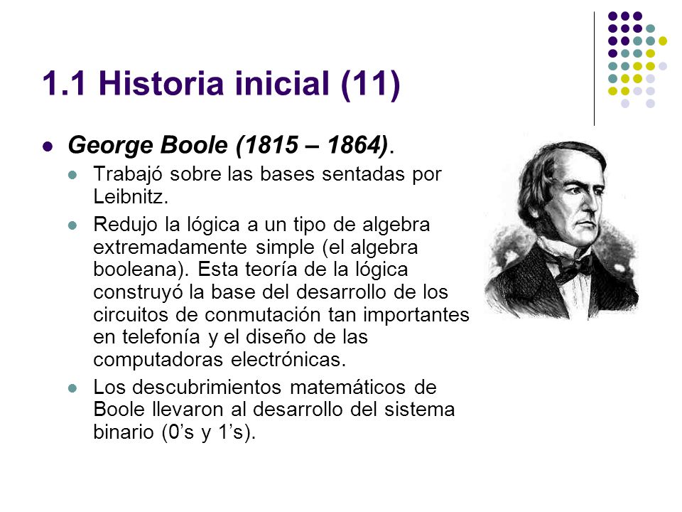 1.1 Historia inicial (11) George Boole (1815 – 1864).