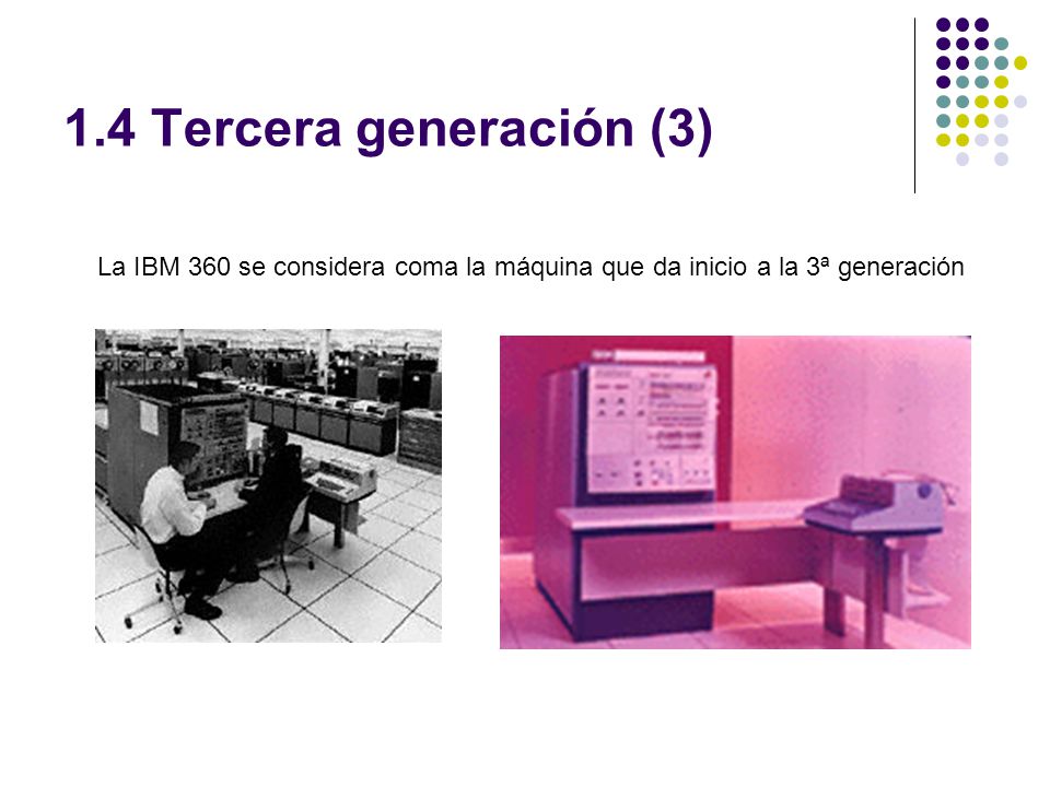 1.4 Tercera generación (3) La IBM 360 se considera coma la máquina que da inicio a la 3ª generación