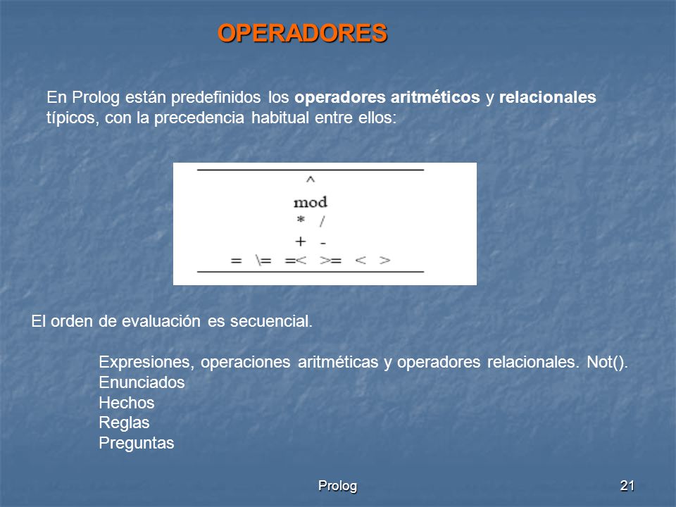 OPERADORES En Prolog están predefinidos los operadores aritméticos y relacionales típicos, con la precedencia habitual entre ellos: