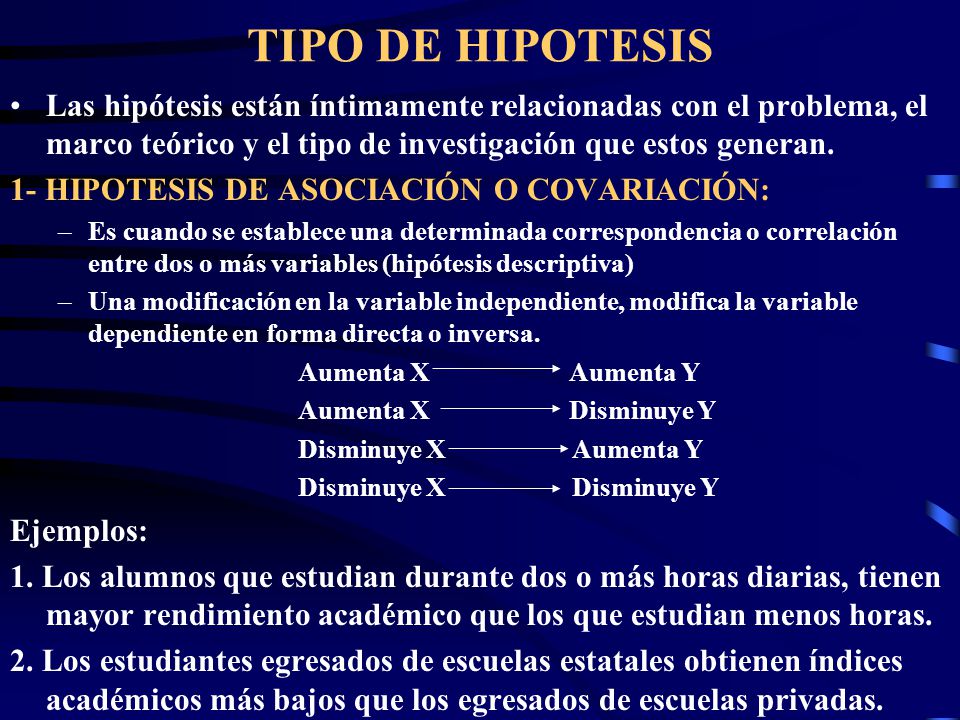 TIPO DE HIPOTESIS Las hipótesis están íntimamente relacionadas con el problema, el marco teórico y el tipo de investigación que estos generan.