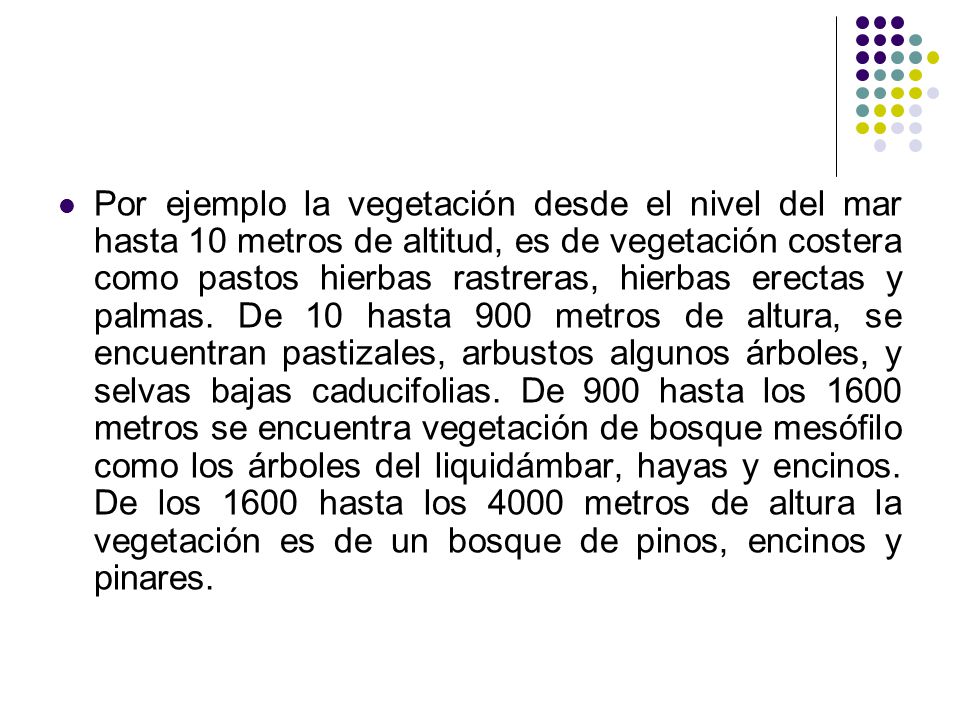 Por ejemplo la vegetación desde el nivel del mar hasta 10 metros de altitud, es de vegetación costera como pastos hierbas rastreras, hierbas erectas y palmas.