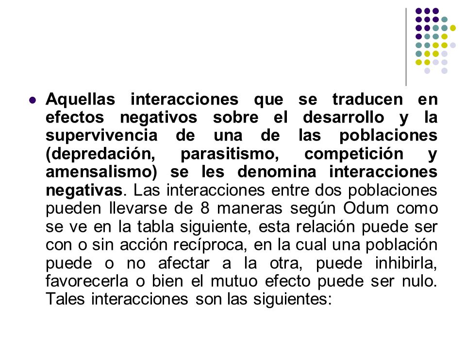 Aquellas interacciones que se traducen en efectos negativos sobre el desarrollo y la supervivencia de una de las poblaciones (depredación, parasitismo, competición y amensalismo) se les denomina interacciones negativas.