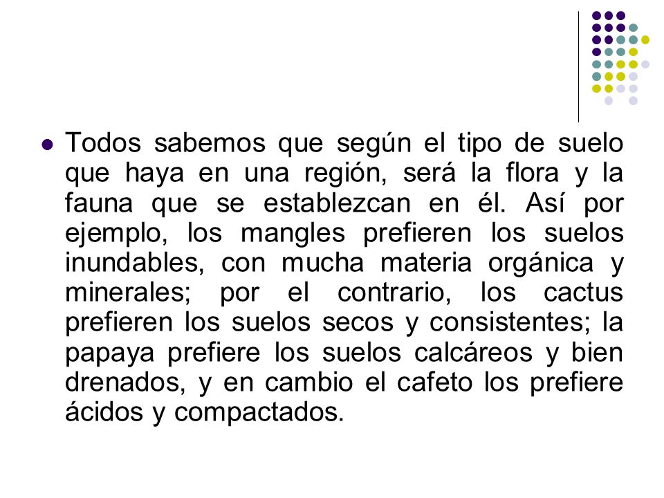 Todos sabemos que según el tipo de suelo que haya en una región, será la flora y la fauna que se establezcan en él.