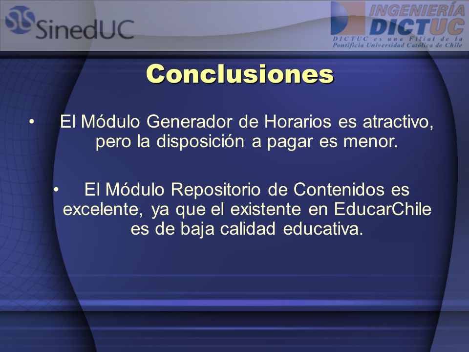 Conclusiones El Módulo Generador de Horarios es atractivo, pero la disposición a pagar es menor.