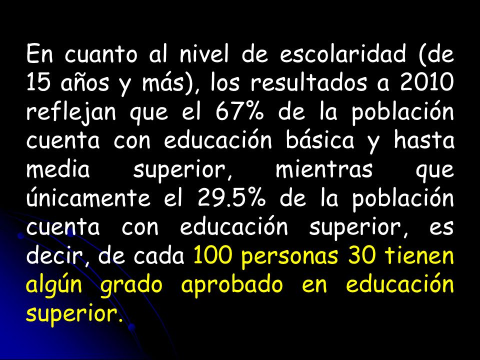 En cuanto al nivel de escolaridad (de 15 años y más), los resultados a 2010 reflejan que el 67% de la población cuenta con educación básica y hasta media superior, mientras que únicamente el 29.5% de la población cuenta con educación superior, es decir, de cada 100 personas 30 tienen algún grado aprobado en educación superior.