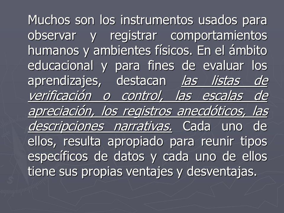 Muchos son los instrumentos usados para observar y registrar comportamientos humanos y ambientes físicos.