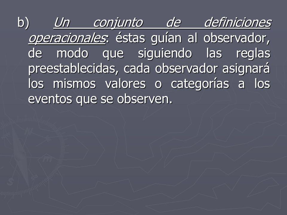 b) Un conjunto de definiciones operacionales: éstas guían al observador, de modo que siguiendo las reglas preestablecidas, cada observador asignará los mismos valores o categorías a los eventos que se observen.