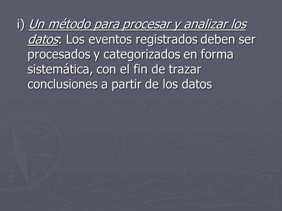 i) Un método para procesar y analizar los datos: Los eventos registrados deben ser procesados y categorizados en forma sistemática, con el fin de trazar conclusiones a partir de los datos