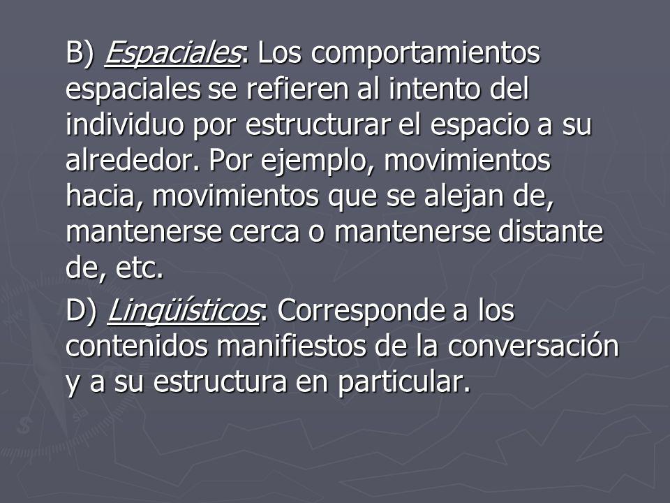 B) Espaciales: Los comportamientos espaciales se refieren al intento del individuo por estructurar el espacio a su alrededor. Por ejemplo, movimientos hacia, movimientos que se alejan de, mantenerse cerca o mantenerse distante de, etc.