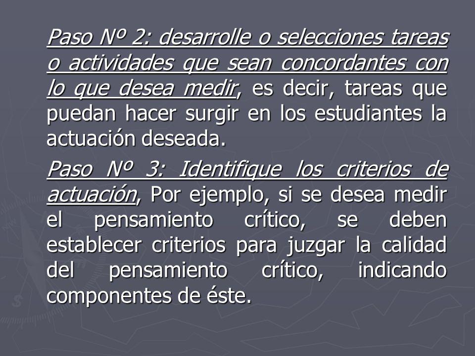 Paso Nº 2: desarrolle o selecciones tareas o actividades que sean concordantes con lo que desea medir, es decir, tareas que puedan hacer surgir en los estudiantes la actuación deseada.