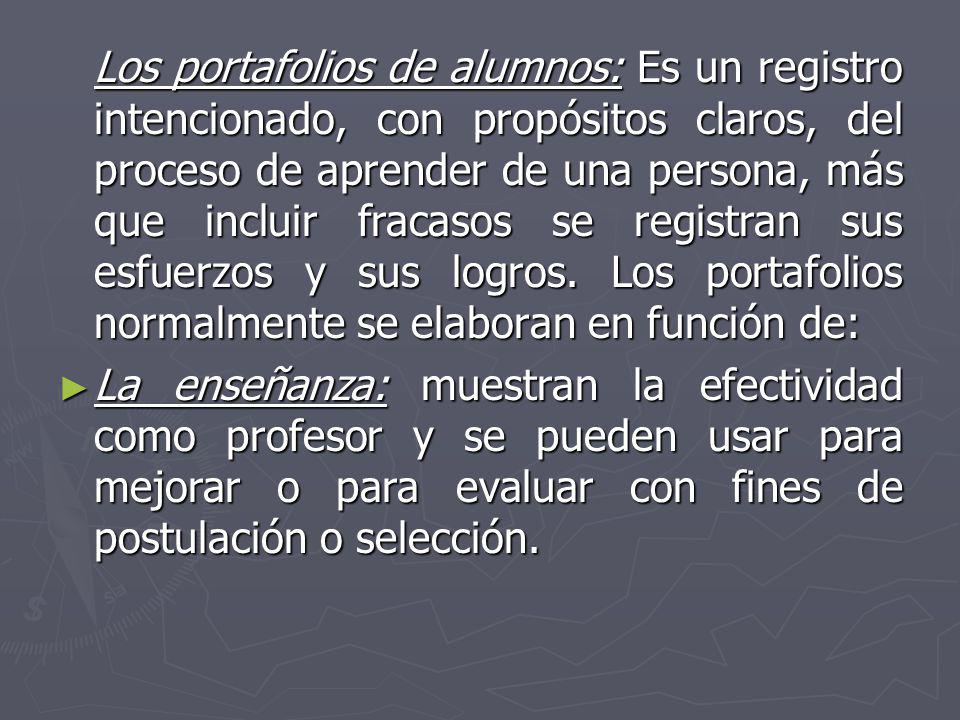 Los portafolios de alumnos: Es un registro intencionado, con propósitos claros, del proceso de aprender de una persona, más que incluir fracasos se registran sus esfuerzos y sus logros. Los portafolios normalmente se elaboran en función de: