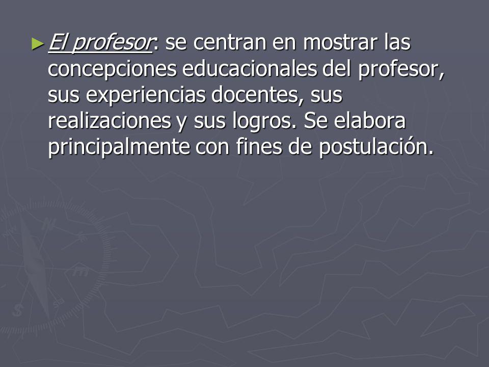 El profesor: se centran en mostrar las concepciones educacionales del profesor, sus experiencias docentes, sus realizaciones y sus logros.