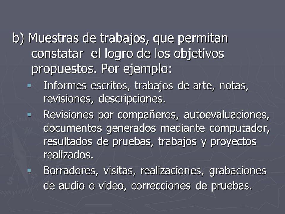 b) Muestras de trabajos, que permitan constatar el logro de los objetivos propuestos. Por ejemplo: