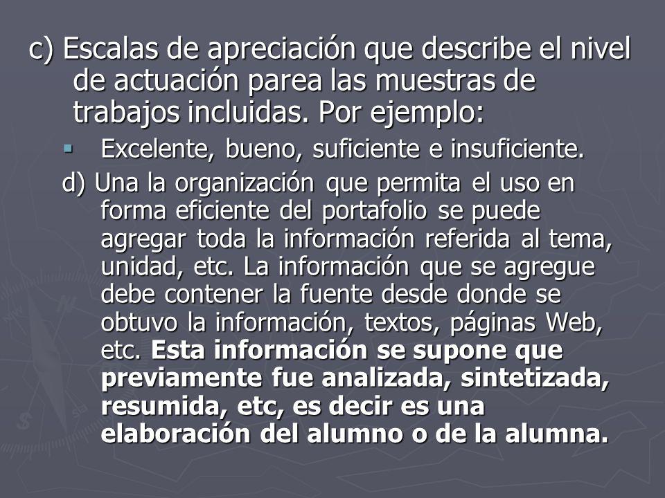 c) Escalas de apreciación que describe el nivel de actuación parea las muestras de trabajos incluidas. Por ejemplo:
