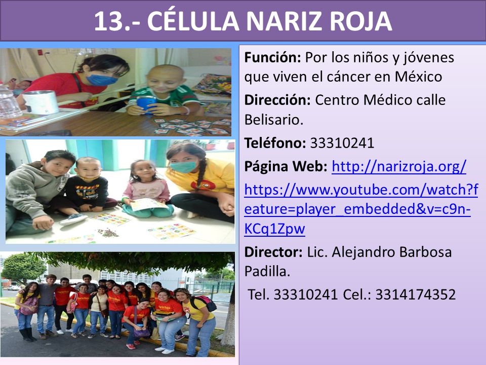 13.- CÉLULA NARIZ ROJA Función: Por los niños y jóvenes que viven el cáncer en México. Dirección: Centro Médico calle Belisario.