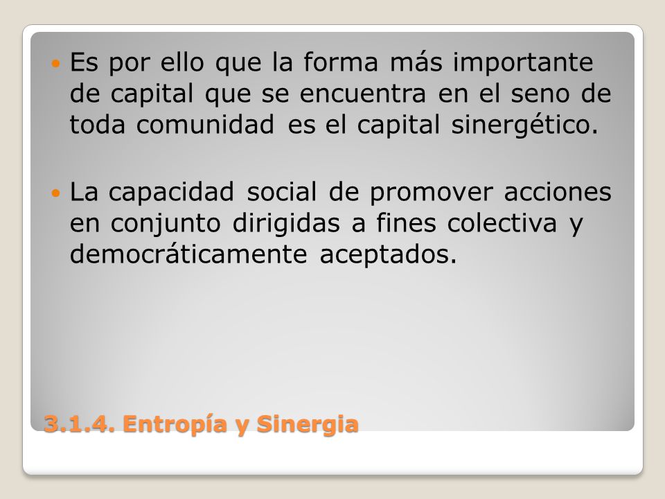 Es por ello que la forma más importante de capital que se encuentra en el seno de toda comunidad es el capital sinergético.
