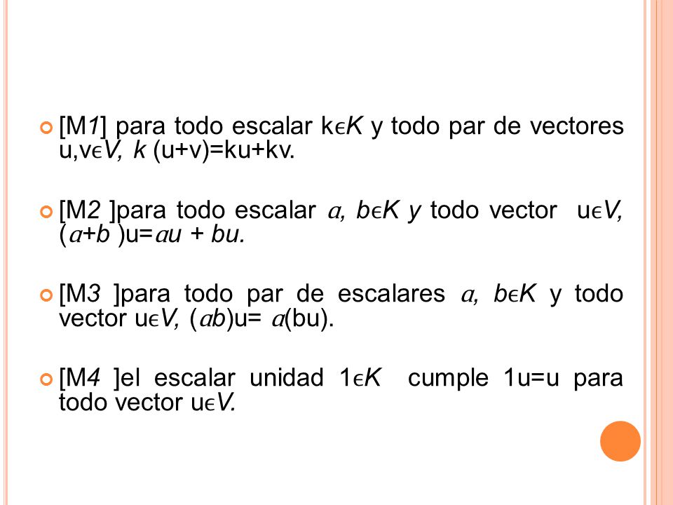 [M1] para todo escalar kϵK y todo par de vectores u,vϵV, k (u+v)=ku+kv.