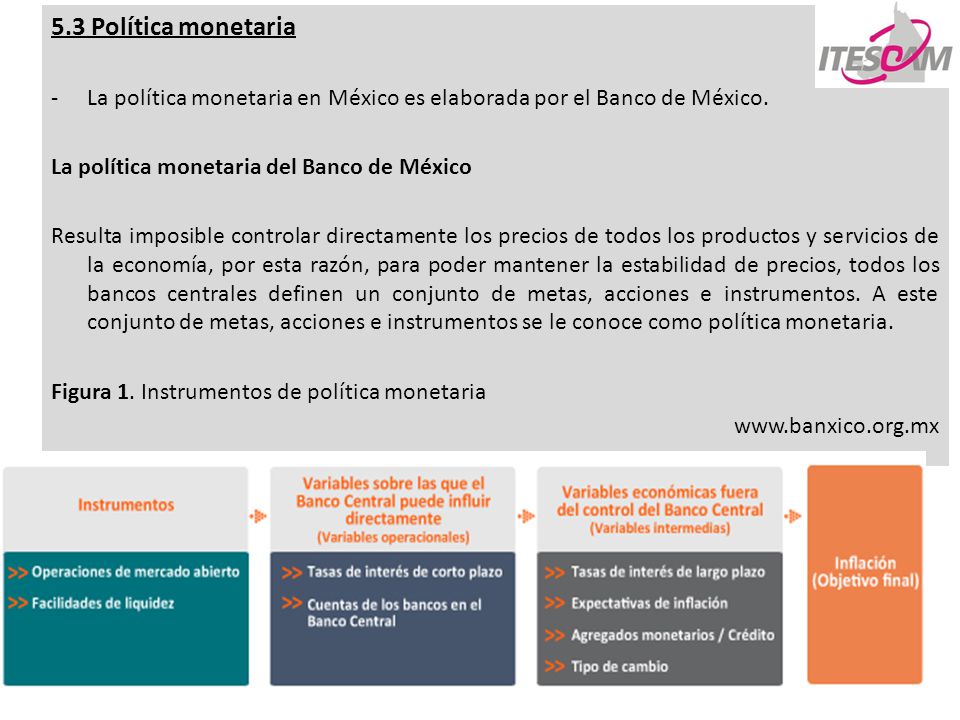 5.3 Política monetaria La política monetaria en México es elaborada por el Banco de México. La política monetaria del Banco de México.