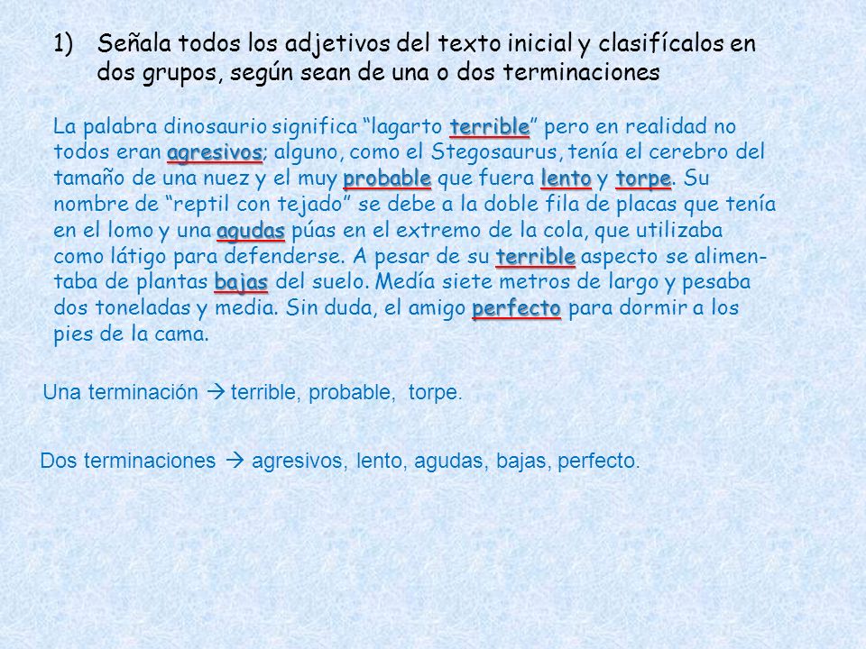 Señala todos los adjetivos del texto inicial y clasifícalos en dos grupos, según sean de una o dos terminaciones