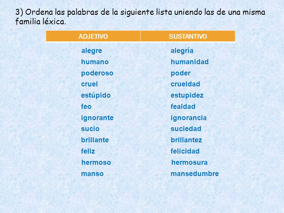 3) Ordena las palabras de la siguiente lista uniendo las de una misma familia léxica.