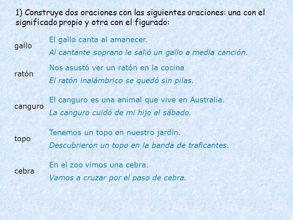 1) Construye dos oraciones con las siguientes oraciones: una con el significado propio y otra con el figurado: