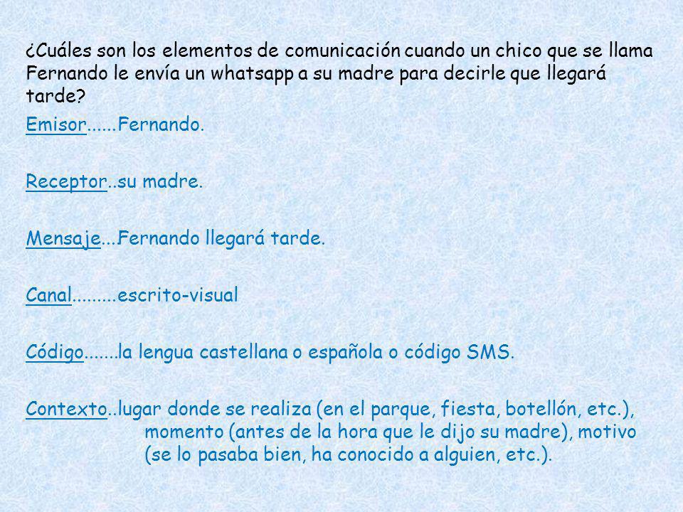 ¿Cuáles son los elementos de comunicación cuando un chico que se llama Fernando le envía un whatsapp a su madre para decirle que llegará tarde