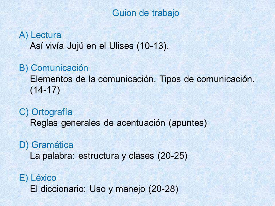 Guion de trabajo A) Lectura. Así vivía Jujú en el Ulises (10-13). B) Comunicación. Elementos de la comunicación. Tipos de comunicación.
