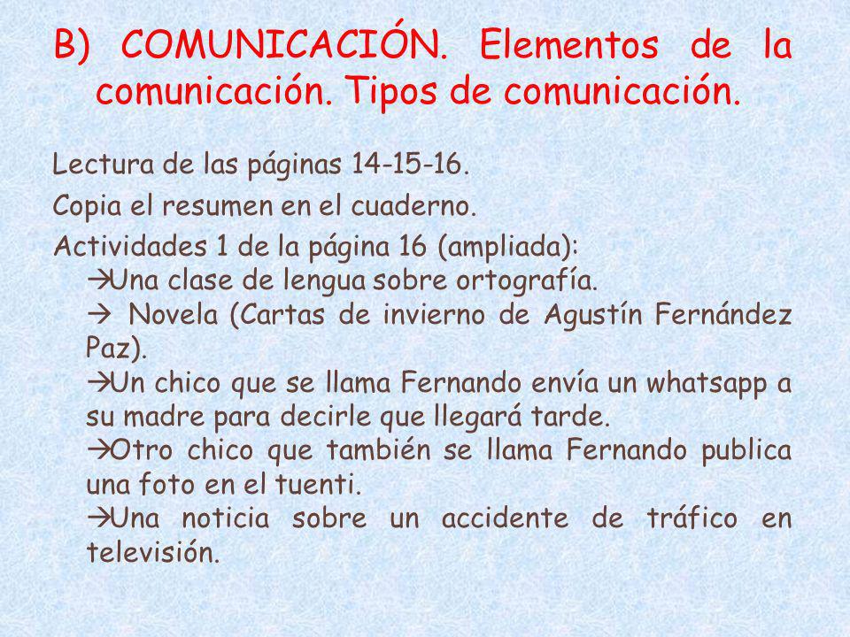 B) COMUNICACIÓN. Elementos de la comunicación. Tipos de comunicación.