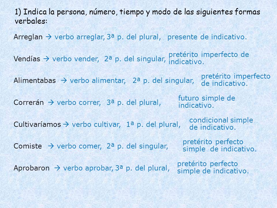 1) Indica la persona, número, tiempo y modo de las siguientes formas verbales: