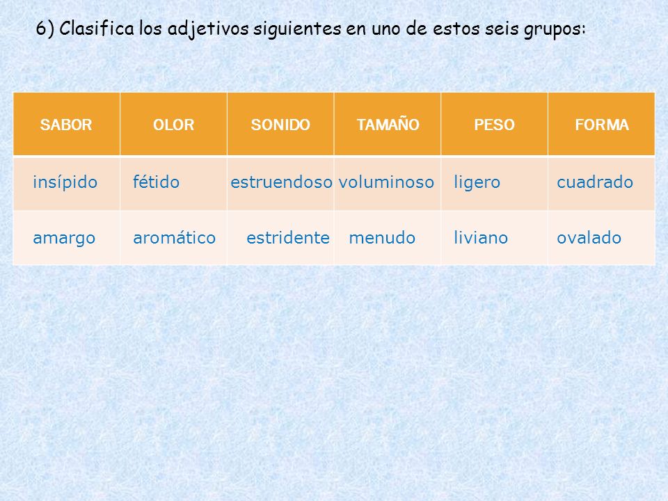 6) Clasifica los adjetivos siguientes en uno de estos seis grupos: