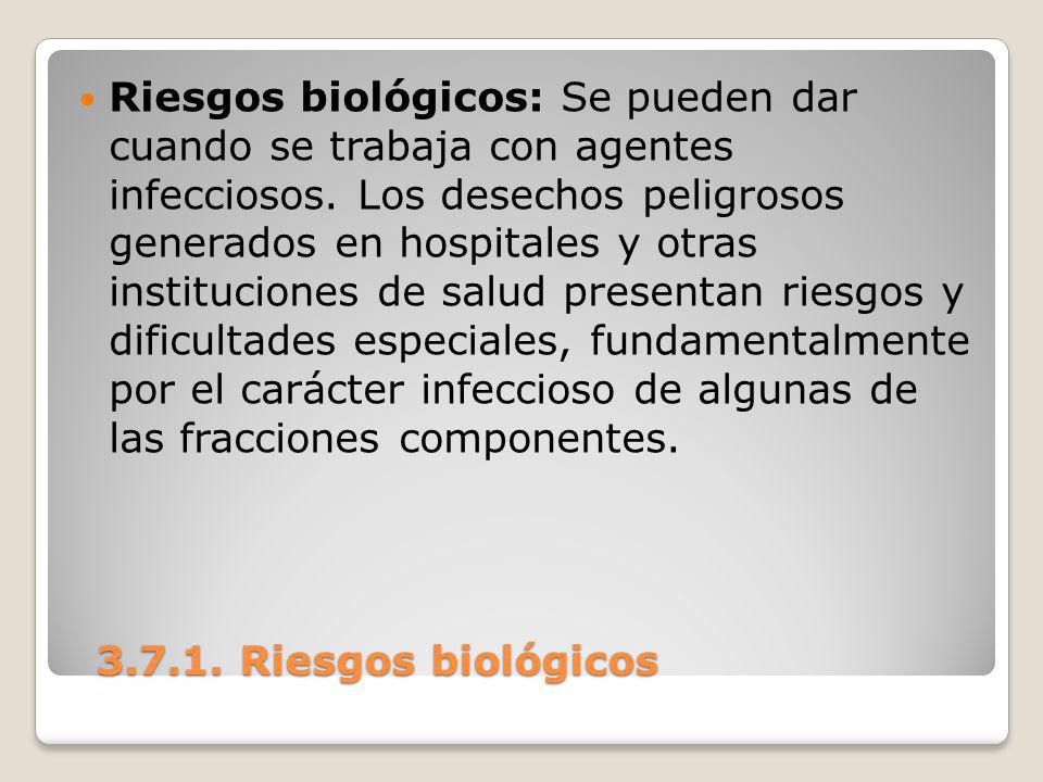 Riesgos biológicos: Se pueden dar cuando se trabaja con agentes infecciosos. Los desechos peligrosos generados en hospitales y otras instituciones de salud presentan riesgos y dificultades especiales, fundamentalmente por el carácter infeccioso de algunas de las fracciones componentes.