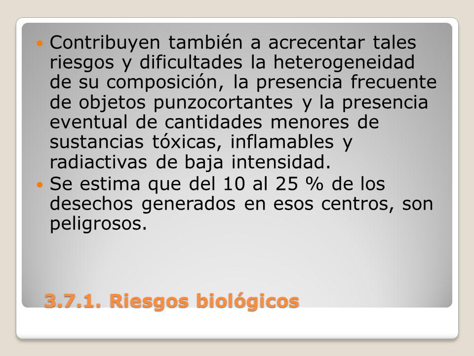 Contribuyen también a acrecentar tales riesgos y dificultades la heterogeneidad de su composición, la presencia frecuente de objetos punzocortantes y la presencia eventual de cantidades menores de sustancias tóxicas, inflamables y radiactivas de baja intensidad.