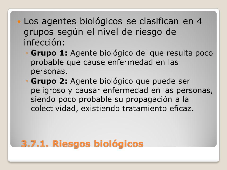Los agentes biológicos se clasifican en 4 grupos según el nivel de riesgo de infección: