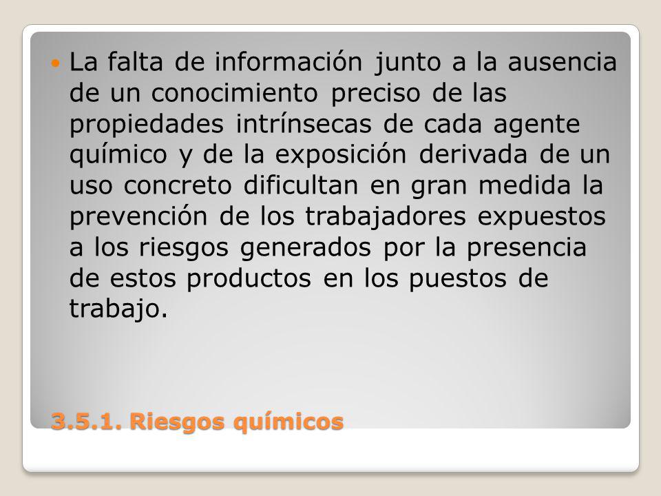 La falta de información junto a la ausencia de un conocimiento preciso de las propiedades intrínsecas de cada agente químico y de la exposición derivada de un uso concreto dificultan en gran medida la prevención de los trabajadores expuestos a los riesgos generados por la presencia de estos productos en los puestos de trabajo.