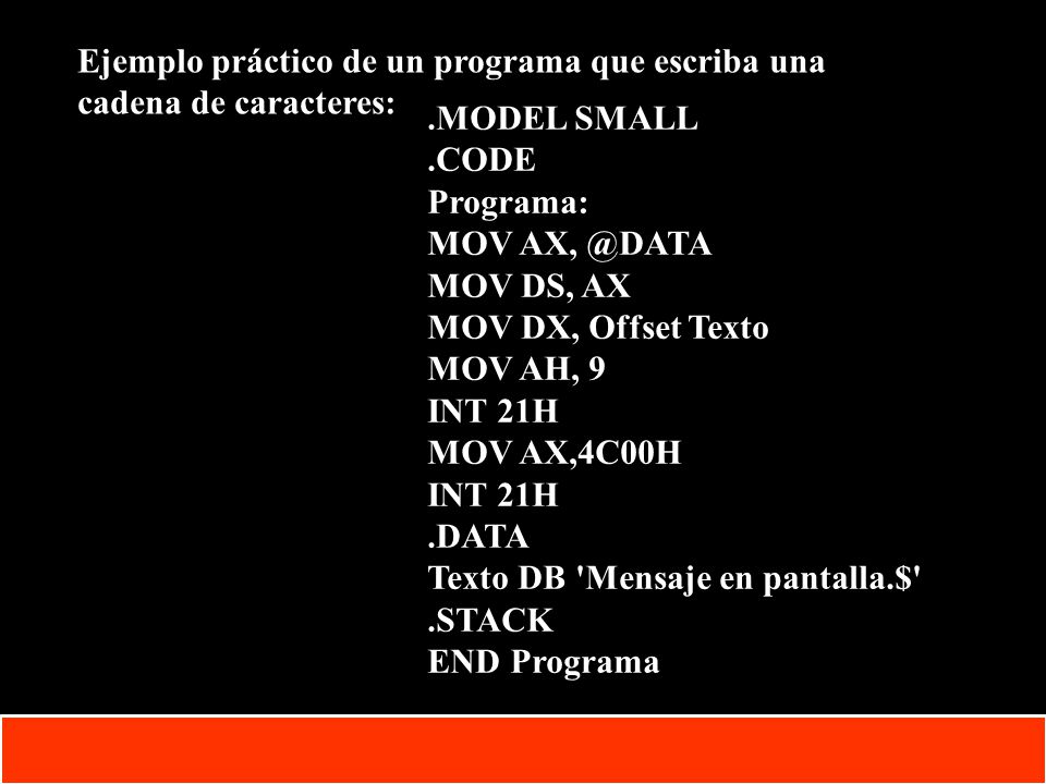 Ejemplo práctico de un programa que escriba una cadena de caracteres: