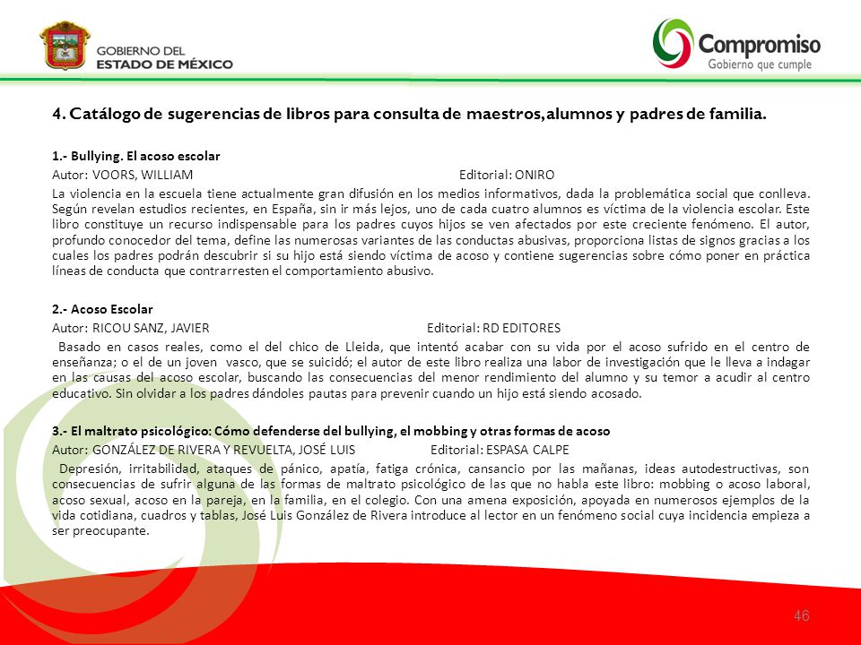 4. Catálogo de sugerencias de libros para consulta de maestros, alumnos y padres de familia.