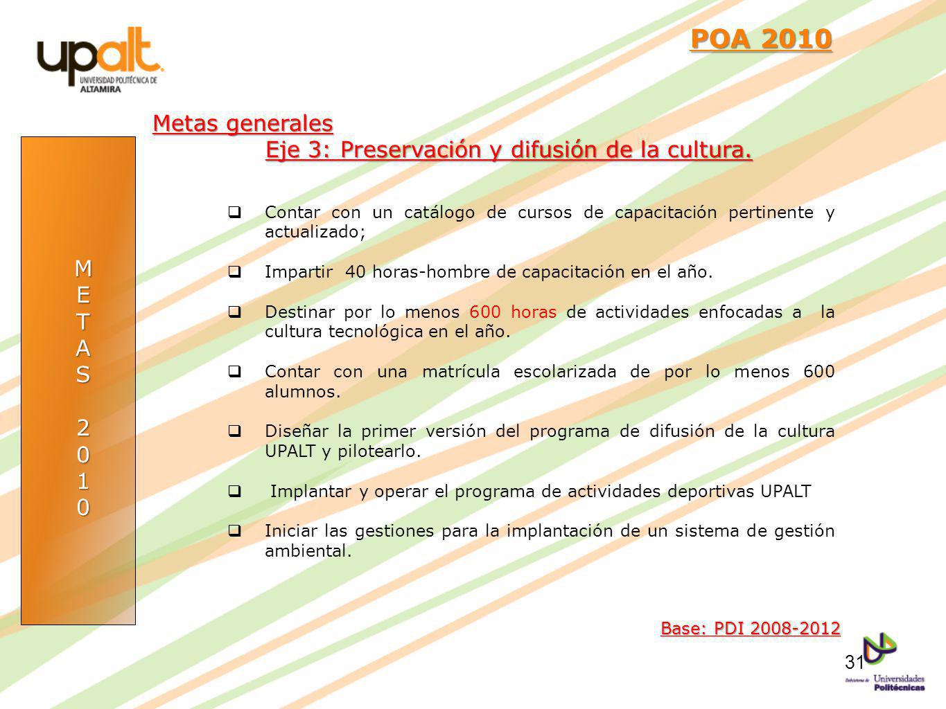 POA 2010 Metas generales Eje 3: Preservación y difusión de la cultura.