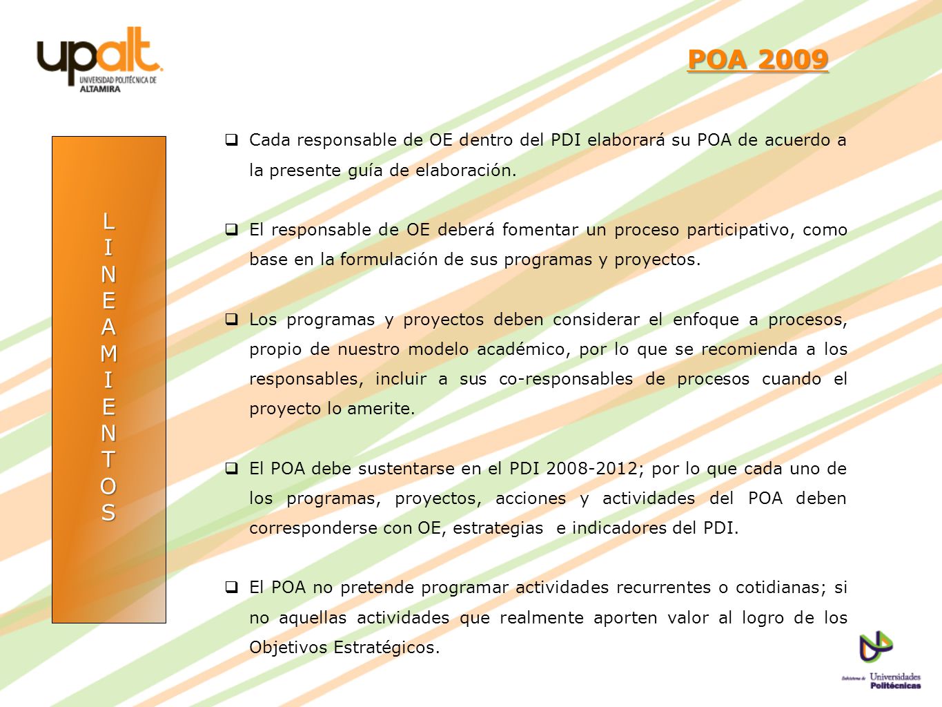 POA 2009 Cada responsable de OE dentro del PDI elaborará su POA de acuerdo a la presente guía de elaboración.