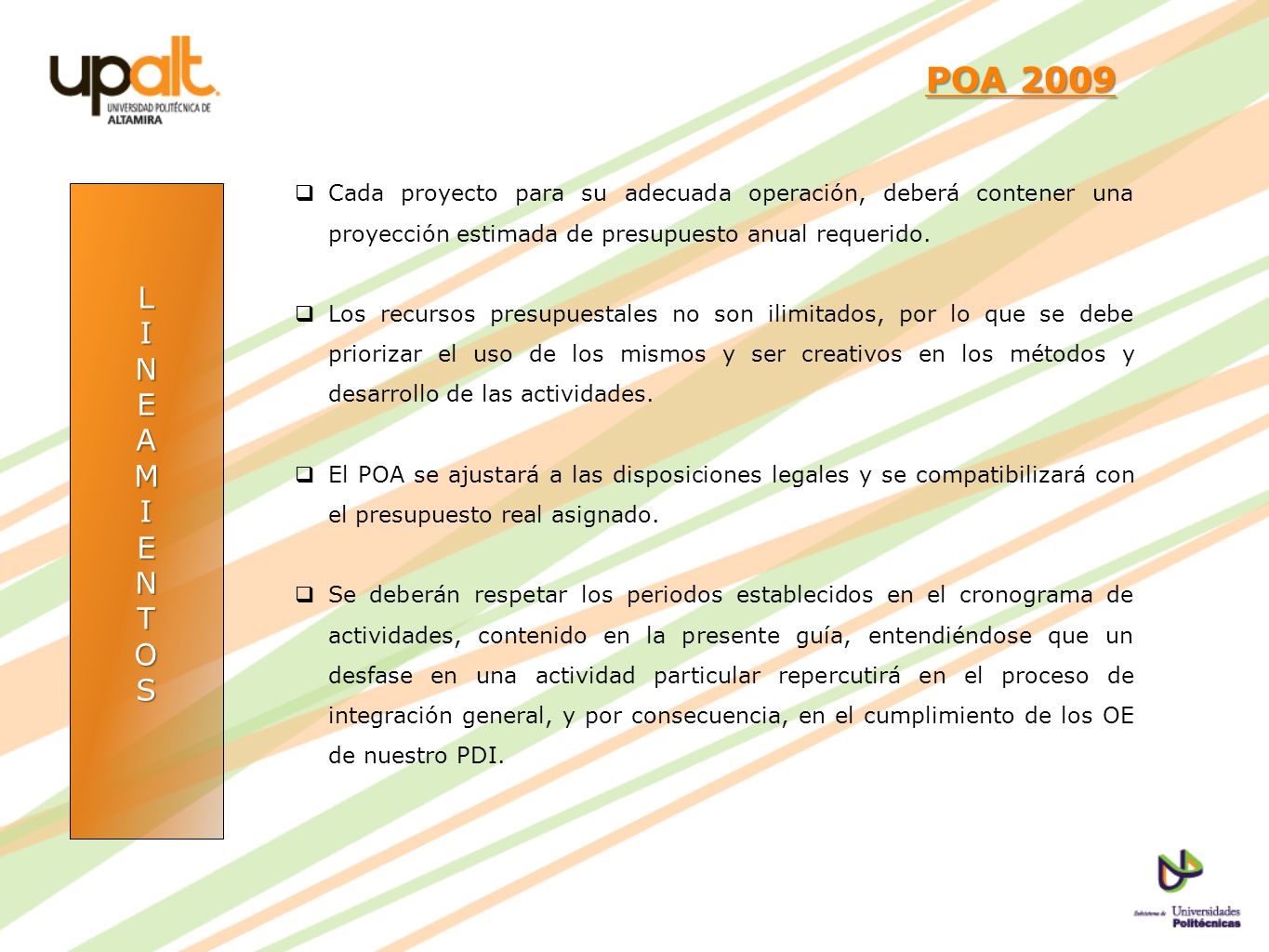 POA 2009 Cada proyecto para su adecuada operación, deberá contener una proyección estimada de presupuesto anual requerido.