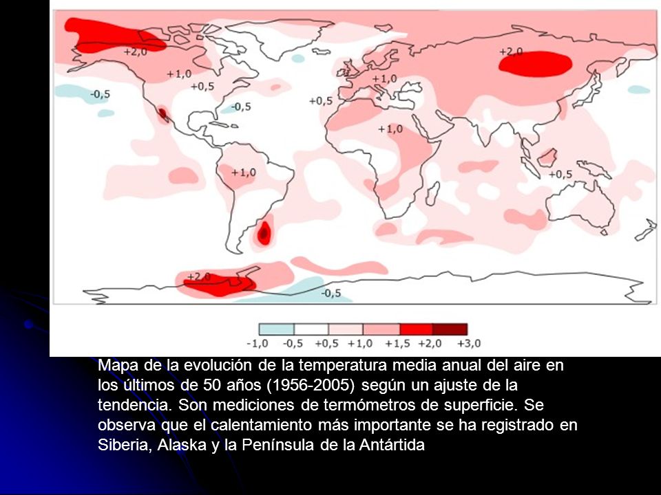 Mapa de la evolución de la temperatura media anual del aire en los últimos de 50 años ( ) según un ajuste de la tendencia.