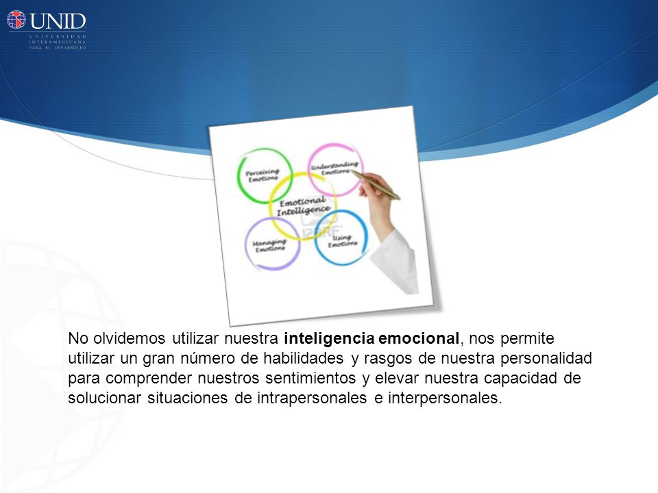 No olvidemos utilizar nuestra inteligencia emocional, nos permite utilizar un gran número de habilidades y rasgos de nuestra personalidad para comprender nuestros sentimientos y elevar nuestra capacidad de solucionar situaciones de intrapersonales e interpersonales.