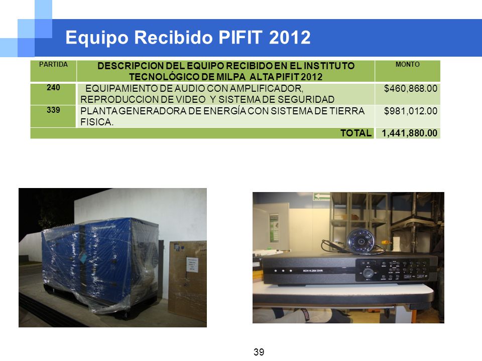 Equipo Recibido PIFIT 2012 PARTIDA. DESCRIPCION DEL EQUIPO RECIBIDO EN EL INSTITUTO TECNOLÓGICO DE MILPA ALTA PIFIT