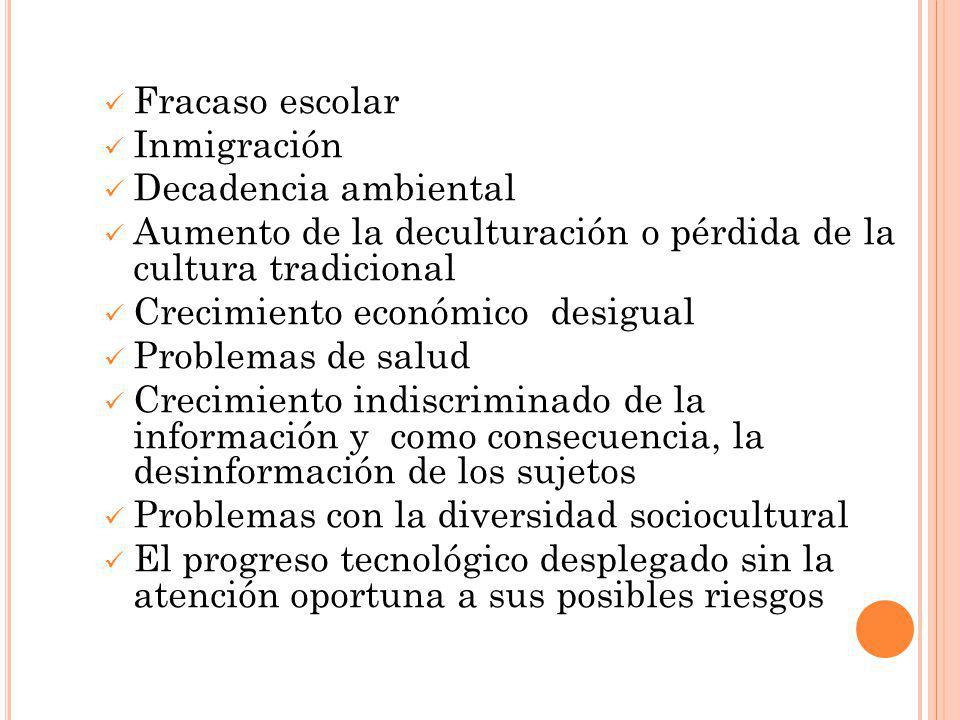 Fracaso escolar Inmigración. Decadencia ambiental. Aumento de la deculturación o pérdida de la cultura tradicional.