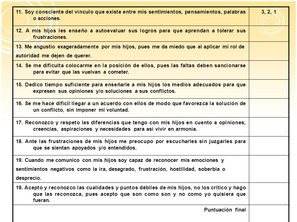 11. Soy consciente del vínculo que existe entre mis sentimientos, pensamientos, palabras o acciones.