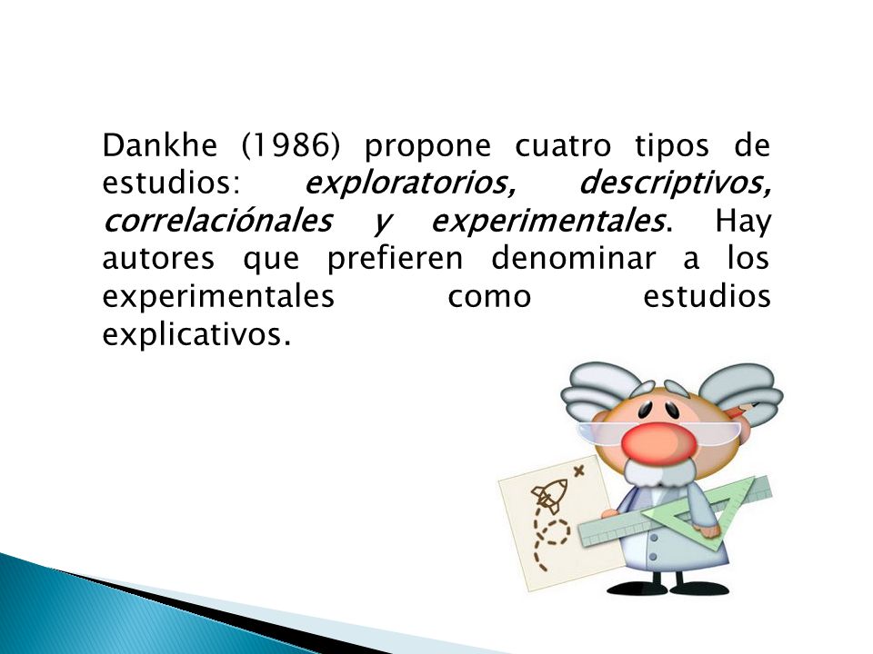 Dankhe (1986) propone cuatro tipos de estudios: exploratorios, descriptivos, correlaciónales y experimentales.