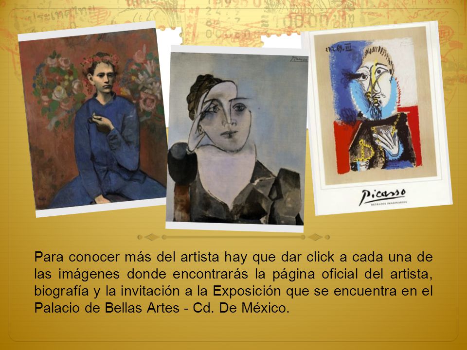Para conocer más del artista hay que dar click a cada una de las imágenes donde encontrarás la página oficial del artista, biografía y la invitación a la Exposición que se encuentra en el Palacio de Bellas Artes - Cd.