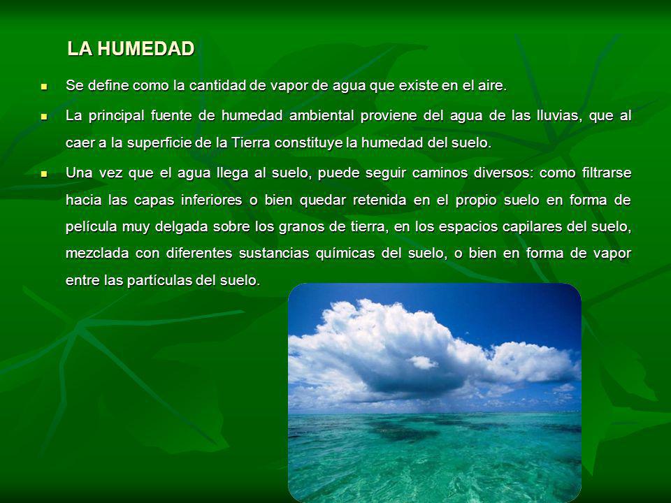 LA HUMEDAD Se define como la cantidad de vapor de agua que existe en el aire.