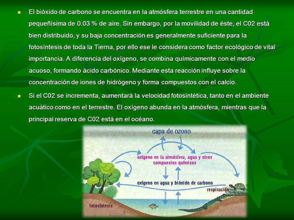 El bióxido de carbono se encuentra en la atmósfera terrestre en una cantidad pequeñísima de 0.03 % de aire. Sin embargo, por la movilidad de éste, el C02 está bien distribuido, y su baja concentración es generalmente suficiente para la fotosíntesis de toda la Tierna, por ello ese le considera como factor ecológico de vital importancia. A diferencia del oxígeno, se combina químicamente con el medio acuoso, formando ácido carbónico. Mediante esta reacción influye sobre la concentración de iones de hidrógeno y forma compuestos con el calcio.