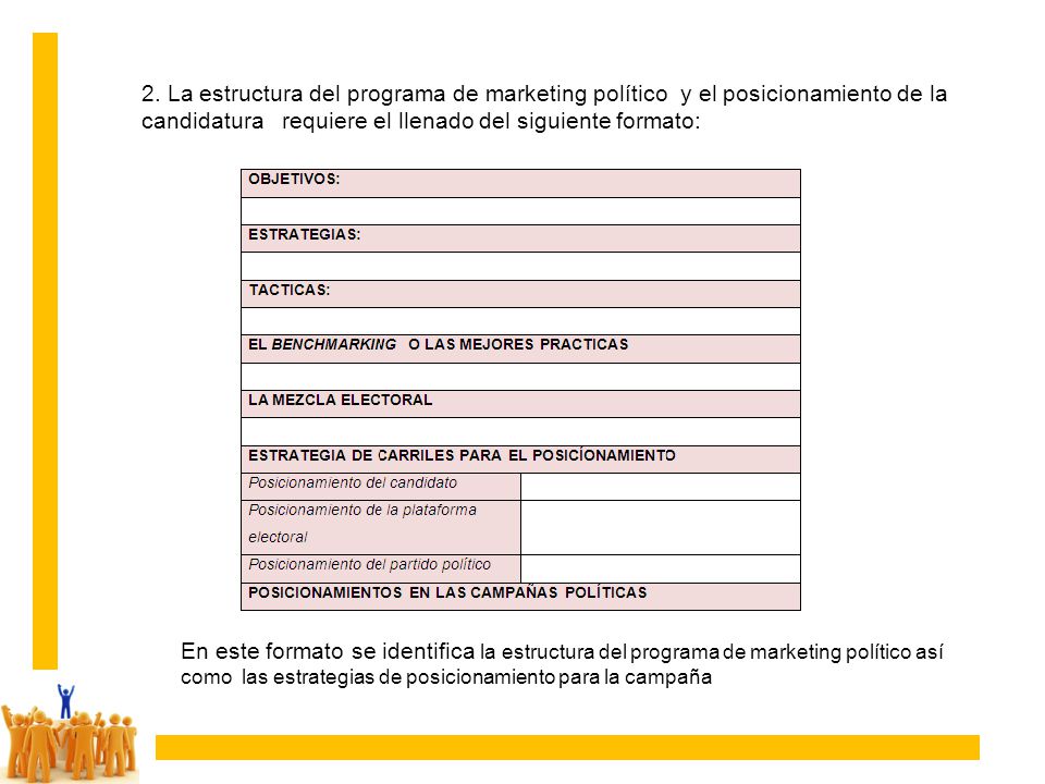 2. La estructura del programa de marketing político y el posicionamiento de la candidatura requiere el llenado del siguiente formato: