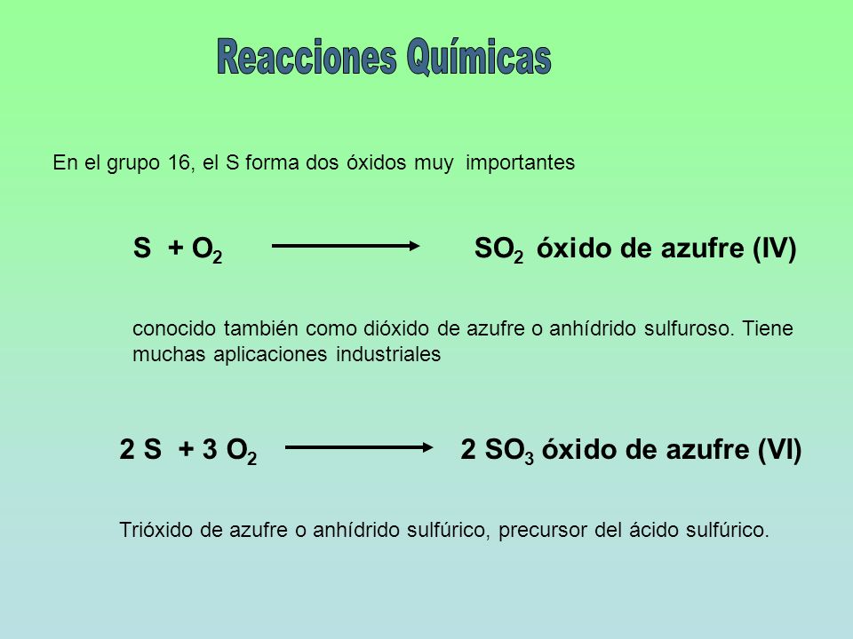 Reacciones Químicas S + O2 SO2 óxido de azufre (IV)